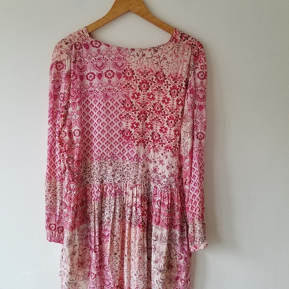Zara Pink Floral V- Neck Tassel Boho Oversize Tunic Mini Dress Size Medium - Picture 9 of 13
